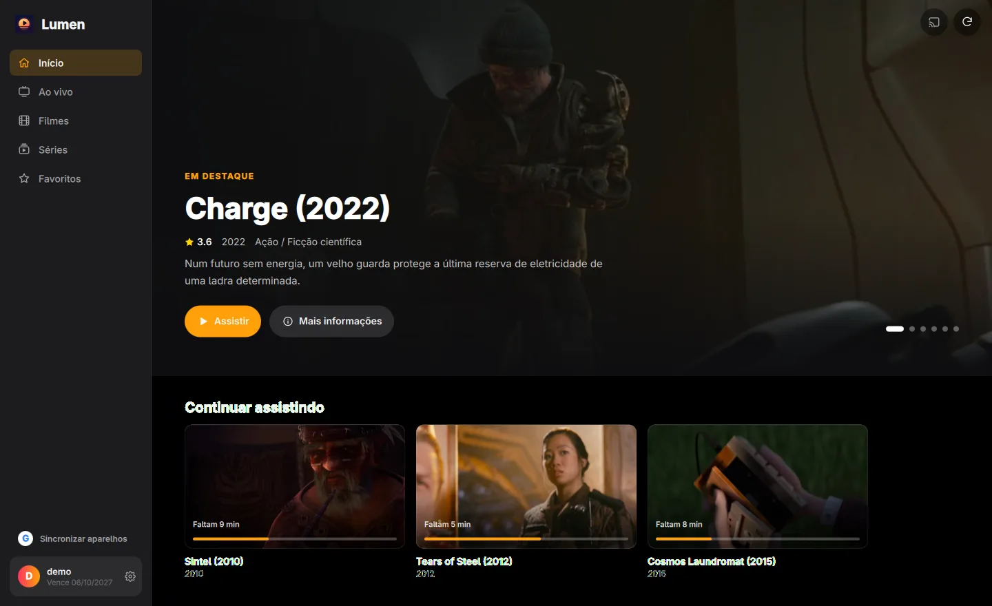 Tela inicial do Lumen com um filme em destaque e a fileira Continuar assistindo